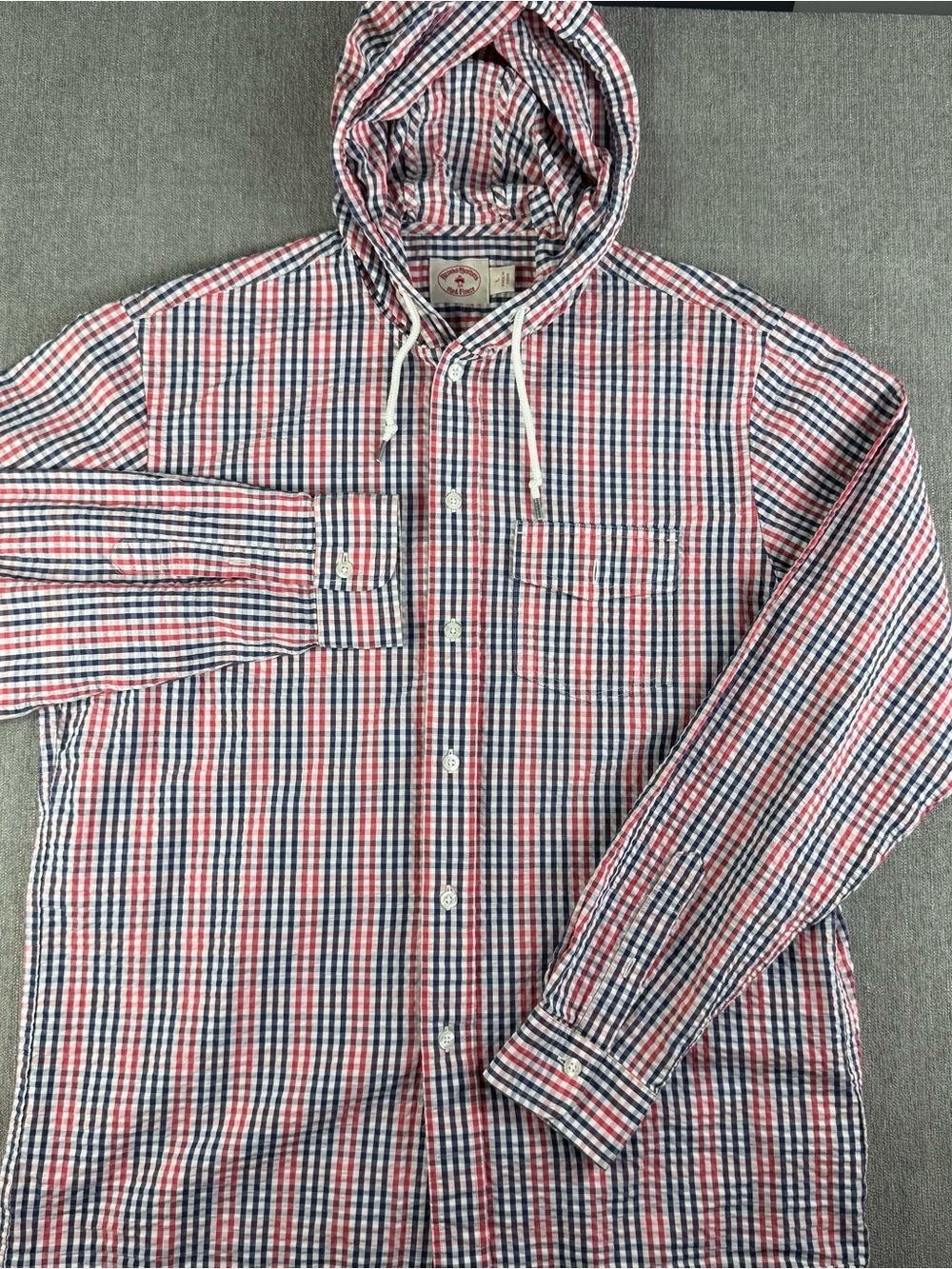Brooks Brothers Red Fleece Hooded Check Seersucker Shirt Men’s Large Slim Preppy